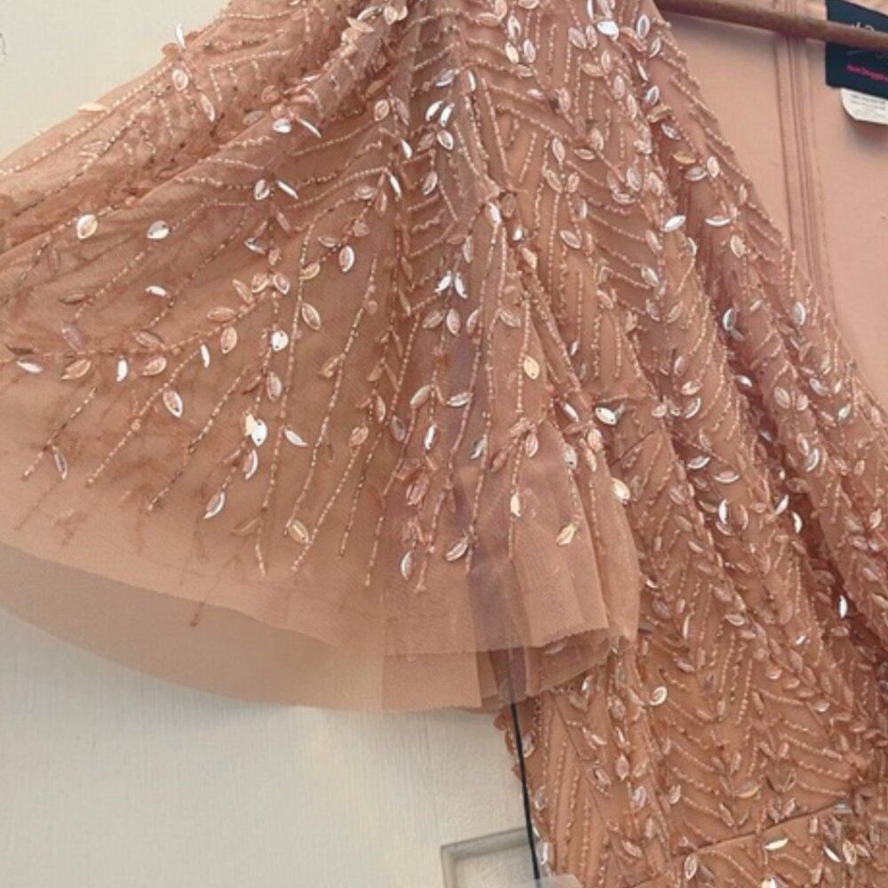 Mac Duggal Size 12 Nude Pink Embellished Flutter Sleeve Long Maxi Gown Dress - Picture 9 of 9